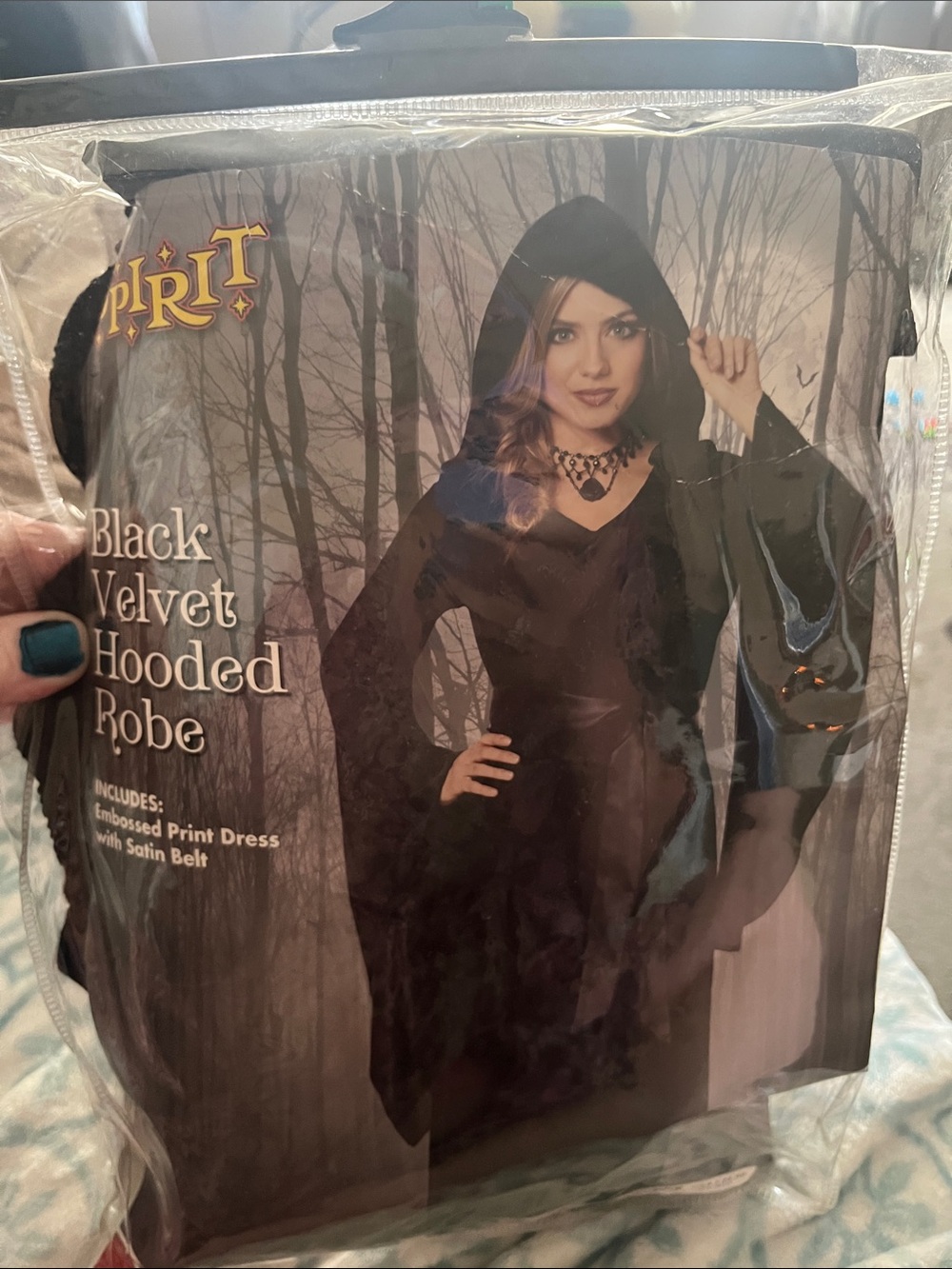 Spirit Black Velvet Hooded Robe with Satin Belt